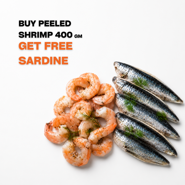 Buy Emirati Medium Peeled Shrimp 400 gm — Get FREE Cava Sardines