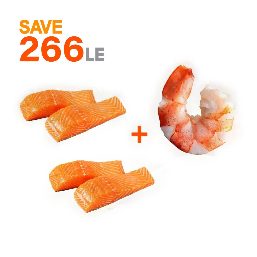 عبوتين  من فيليه السالمون + جمبري مقشر كبير جدا (1 ك)
