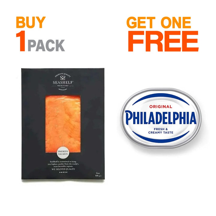 Seashelf Norwegian Smoked Salmon Slices - 500 gm + FREE Philadelphia cream cheese