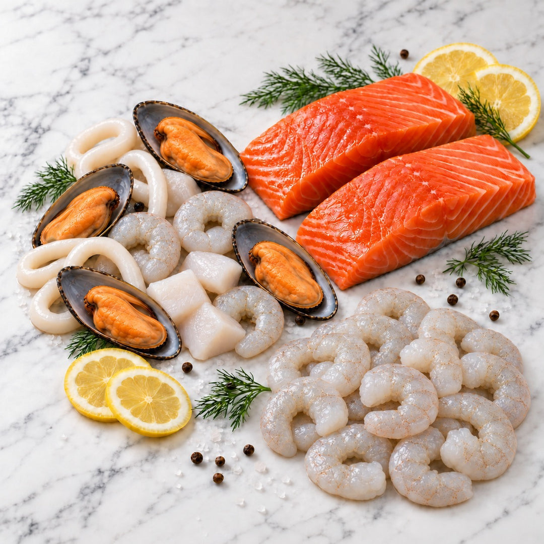 Salmon Portion (360g) + Super Jumbo Shrimp (400g) + Seafood Mix (500g)