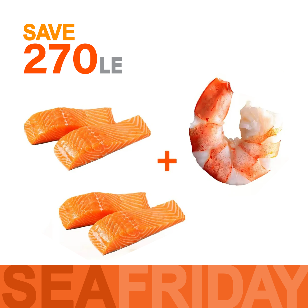 عبوتين  من فيليه السالمون + جمبري مقشر كبير جدا (1 ك)
