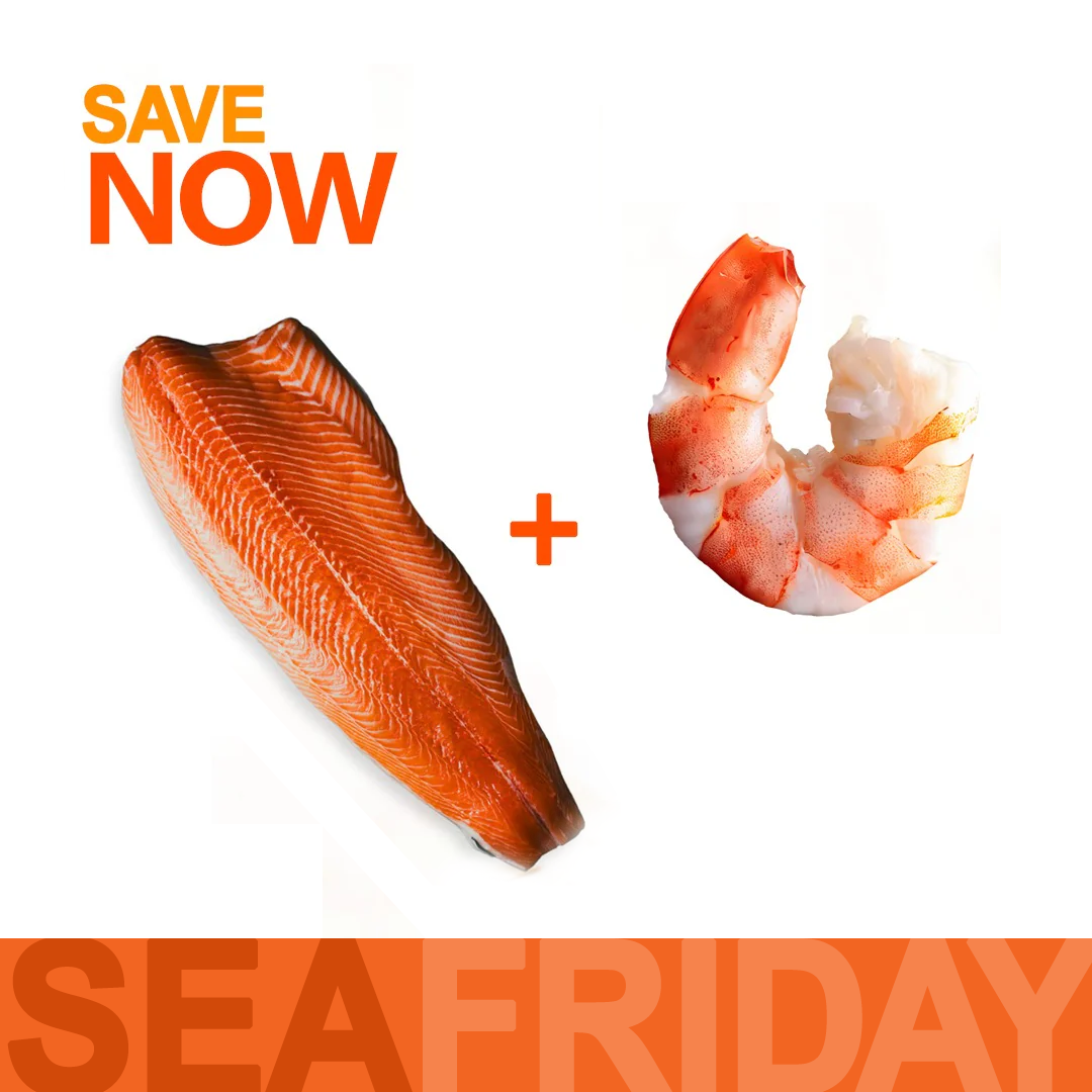 جنب كامل من فيليه السالمون (1300–1400 جرام) + جمبري كبير جدا (400 جرام)
